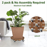 IdleHippo 2-Pack 12-Inch Wooden Plant Caddies with 360° Lockable Wheels, Rolling Pot Stands, Up to 170 lbs Each
