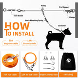 Dog Tie Out Runner for Yard, Dog Trolley System 75FT Dog Lead with 15FT Dog Runner Line, Dog Zipline Heavy Duty Dog Run Cable for Large Dogs 250lbs, Orang