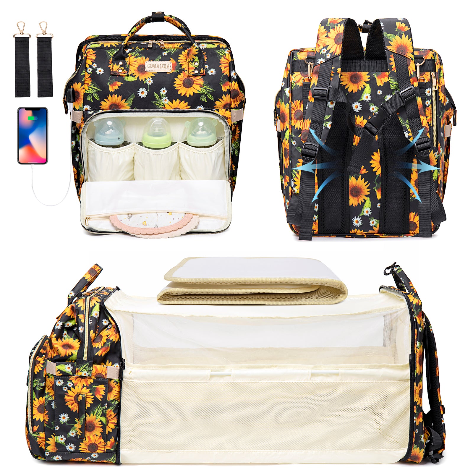 bebamour travel backpack diaper bag tote handbag purse dark yellow 4 in 1 Baby Diaper Bag Backpack Sunflower Pattern
